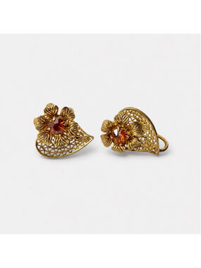 Vintage 1940s Czechoslovakia Amber Rhinestone Earrings, Gold Tone Filigree Flora